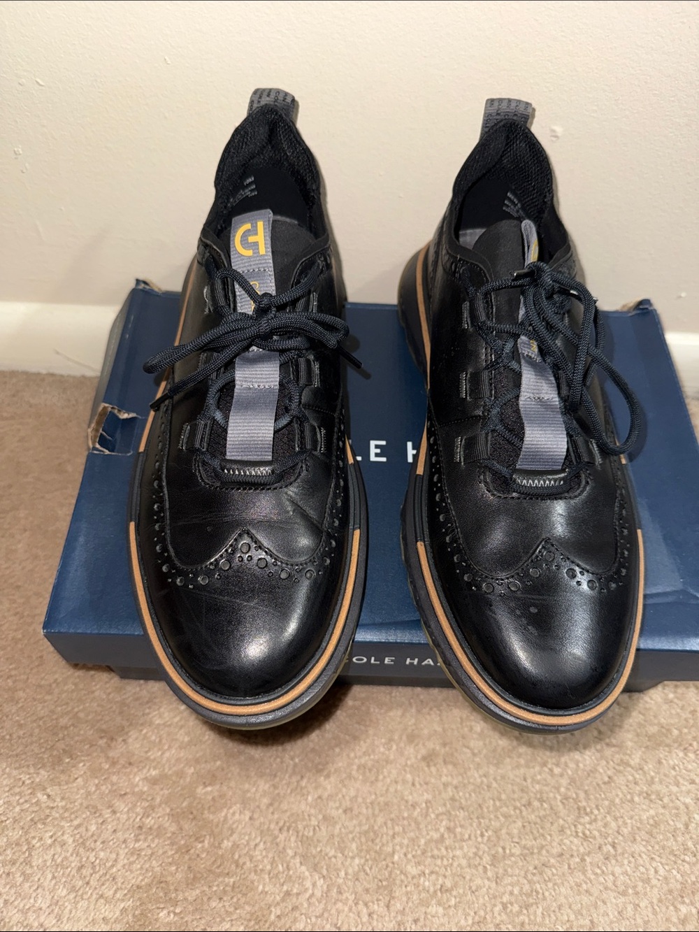 Cole Haan Black Leather Wingtip Derby Sneakers with Tan Trim